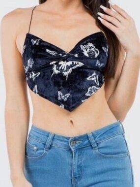Bear Dance Butterfly Velvet Crop Top Crisscross Back Tie Navy Blue Sz: M NEW NIP